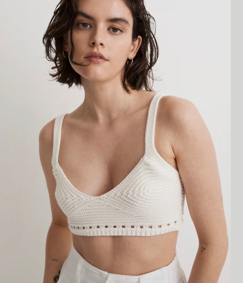 Madewell Crochet Sweater Bralette Cropped Knit Top Granny Square Cotton Cream XL